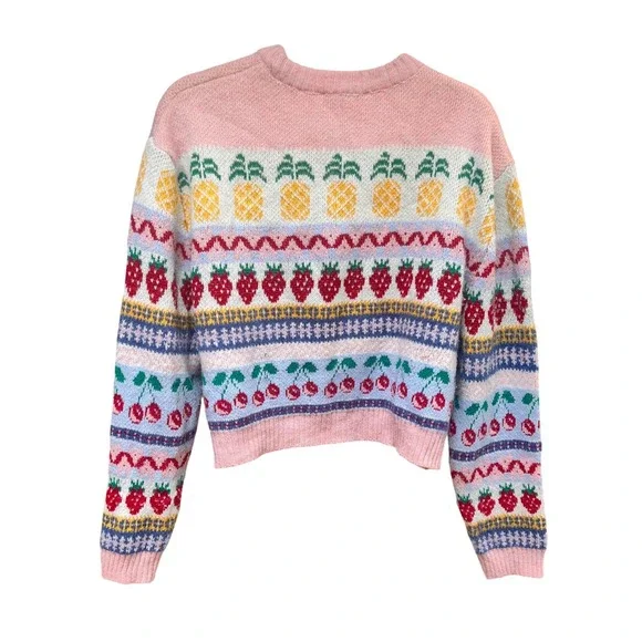 Zara Fruit Intarsia Knit Sweater Pink Fair Isle Strawberry Cherry Pineapple L - Picture 4 of 5
